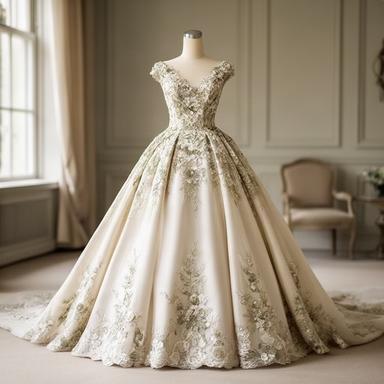 Abito da sposa classico con gonna principessa e ricami floreali in una sala dell'atelier