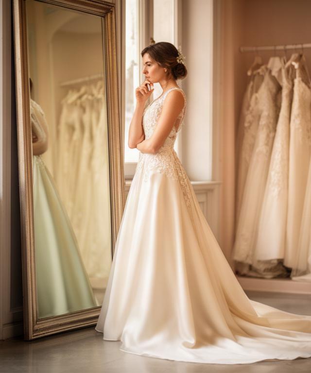Sposa in abito avorio osservata davanti a uno specchio nella boutique di Roma