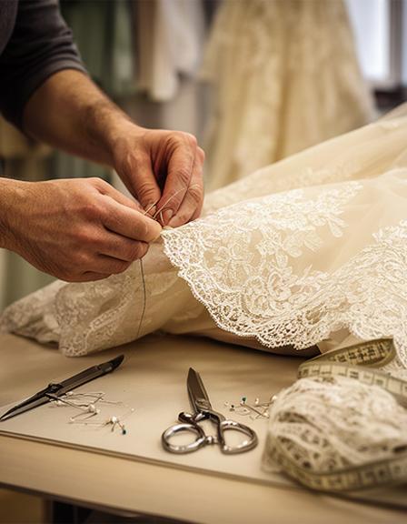 Dettaglio di mani al lavoro su un orlo di pizzo in una sartoria per abiti da sposa